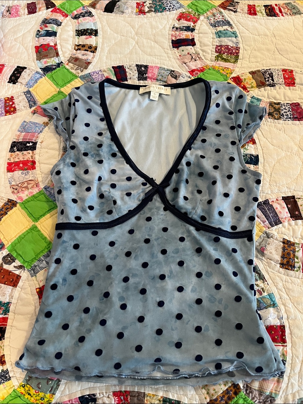 Thirty/Thirty Light Blue Small Polka Dot V-Neck Layered Top with Navy Trim